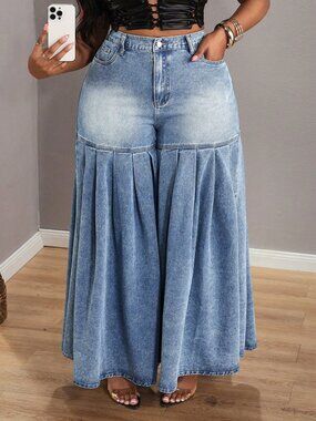 Coffee Brown Casual Women's Plus Size Pleated Wide Leg Denim Maxi Skirt